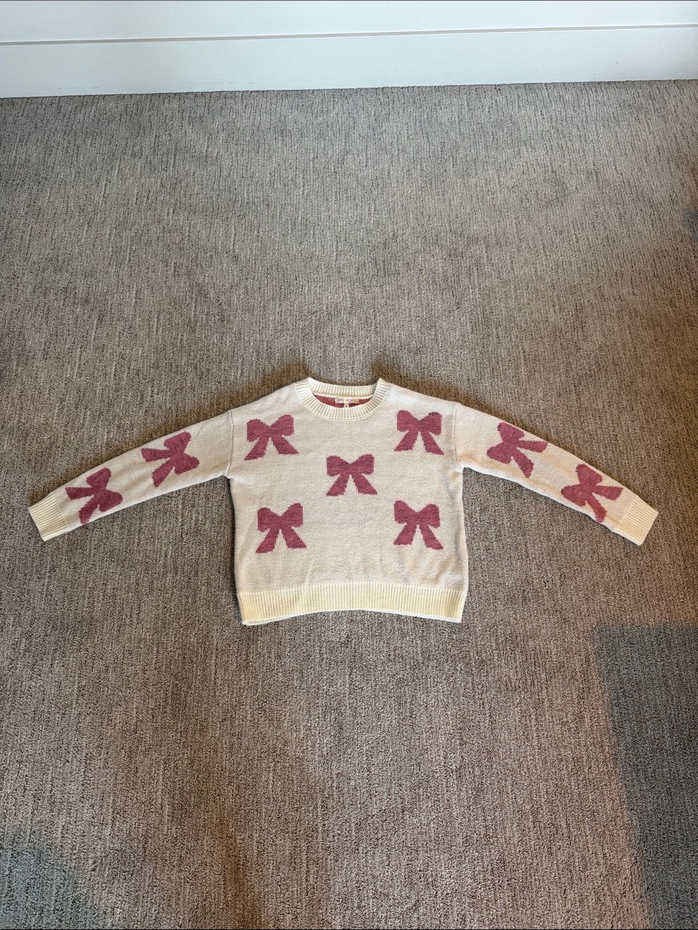 Belle Du Jour Cream Crewneck Sweater with Pink Bow Motif